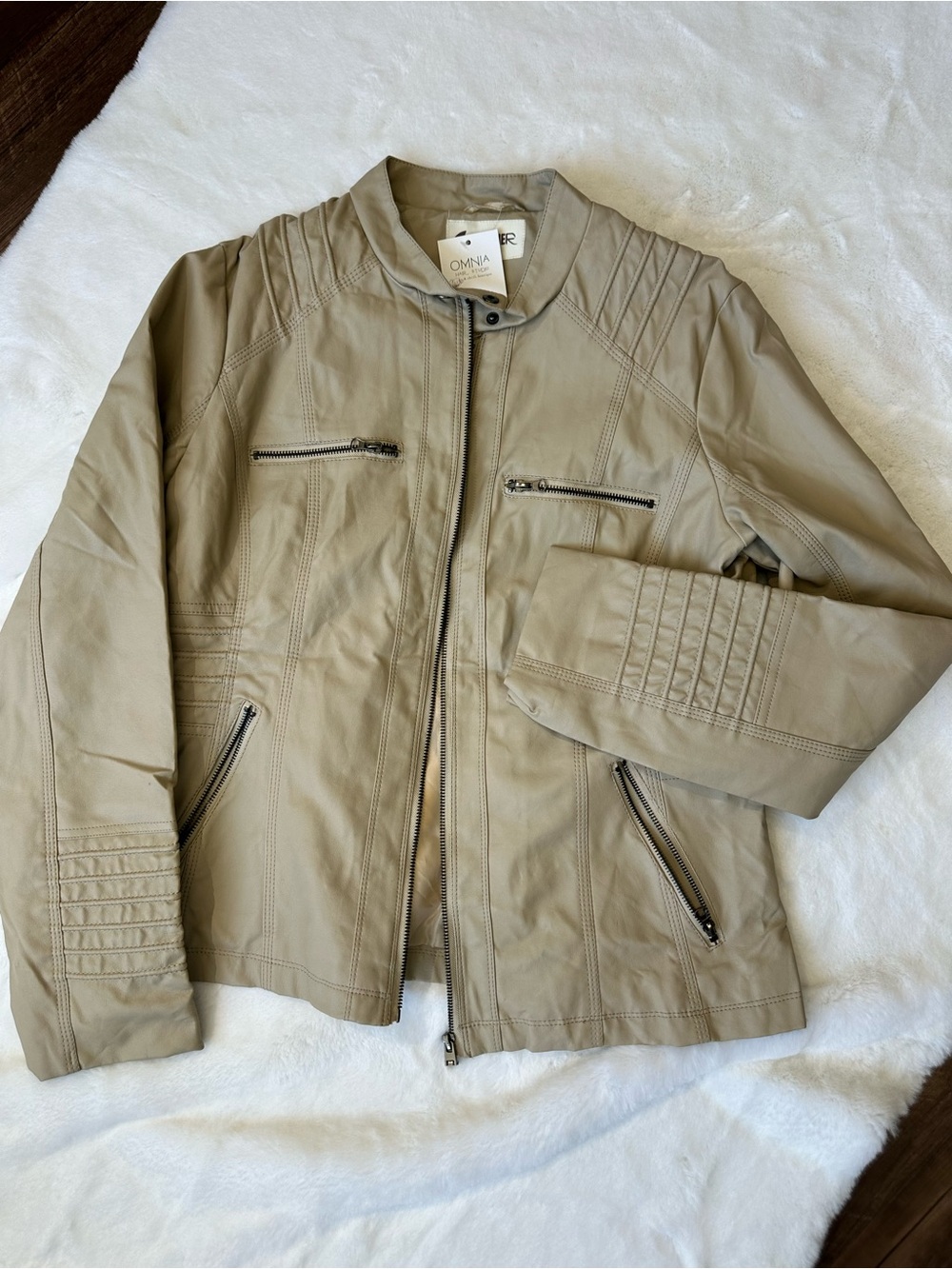 Source Unknown Beige Moto-Style Bomber Jacket